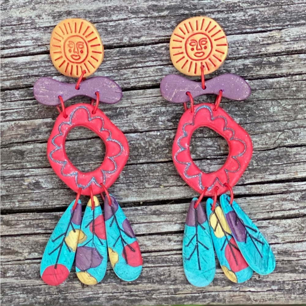 Handcrafted Colorful Sunburst Dangle polymer clay Earrings - Picture 1 of 2